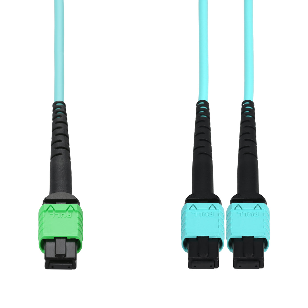 10m MPO/APC to 2xMPO/UPC Aqua OM4 LSZH 16-Strand Fiber Fanout Cable