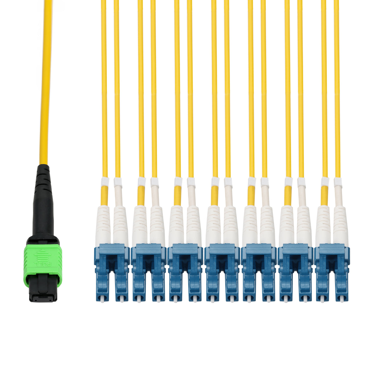 10m MPO/APC to 6xLC/UPC Duplex Yellow OS2 OFNR (Riser-Rated) 12-Strand SMF Fiber Fanout Cable