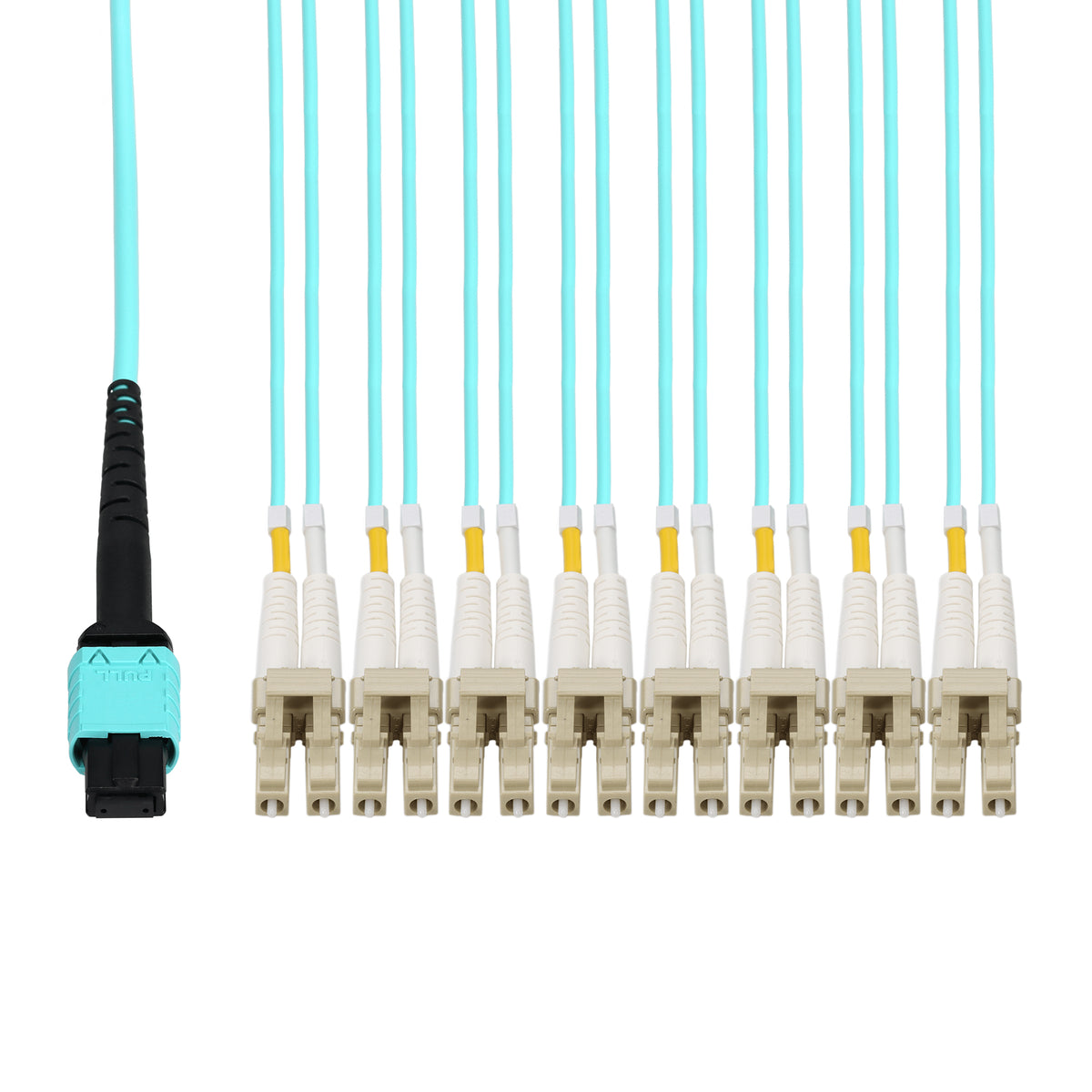 10m MPO/UPC to 8xLC/UPC Duplex Aqua OM4 LSZH 16-Strand Fiber Fanout Cable