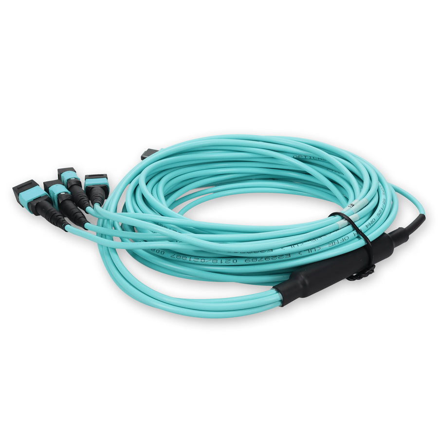 10m MPO-16/UPC to 4xMPO/UPC Aqua OM4 OFNR (Riser-Rated) 16-Strand Fiber Fanout Cable