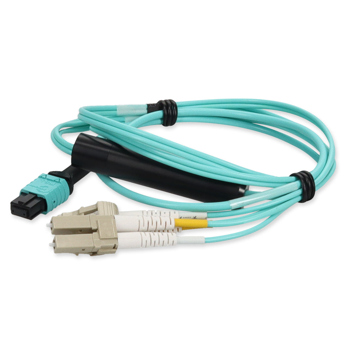 1m MPO/UPC to 2xLC Duplex (4xLC)/UPC Aqua OM4 OFNR (Riser-Rated) 4-Strand Fiber Fanout Cable