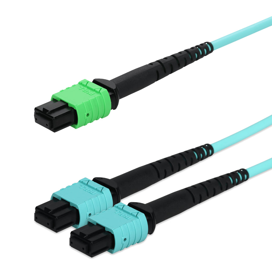  10m MPO/APC to 2xMPO/UPC Aqua OM4 OFNR (Riser-Rated) 16-Strand Fiber Fanout Cable
