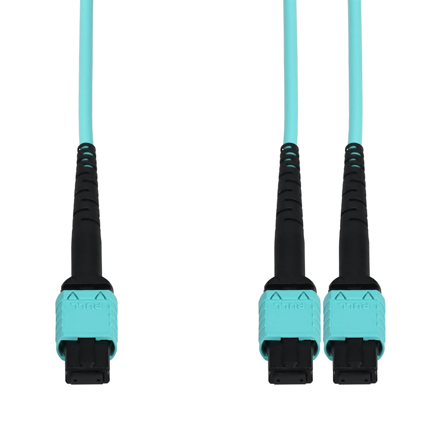  3m MPO/UPC to 2xMPO/UPC Aqua OM4 LSZH 12-Strand Fiber Splitter Cable