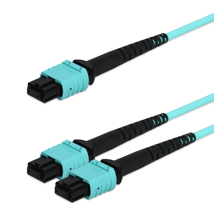  10m MPO/UPC to 2xMPO/UPC Aqua OM4 OFNR (Riser-Rated) 16-Strand Fiber Fanout Cable