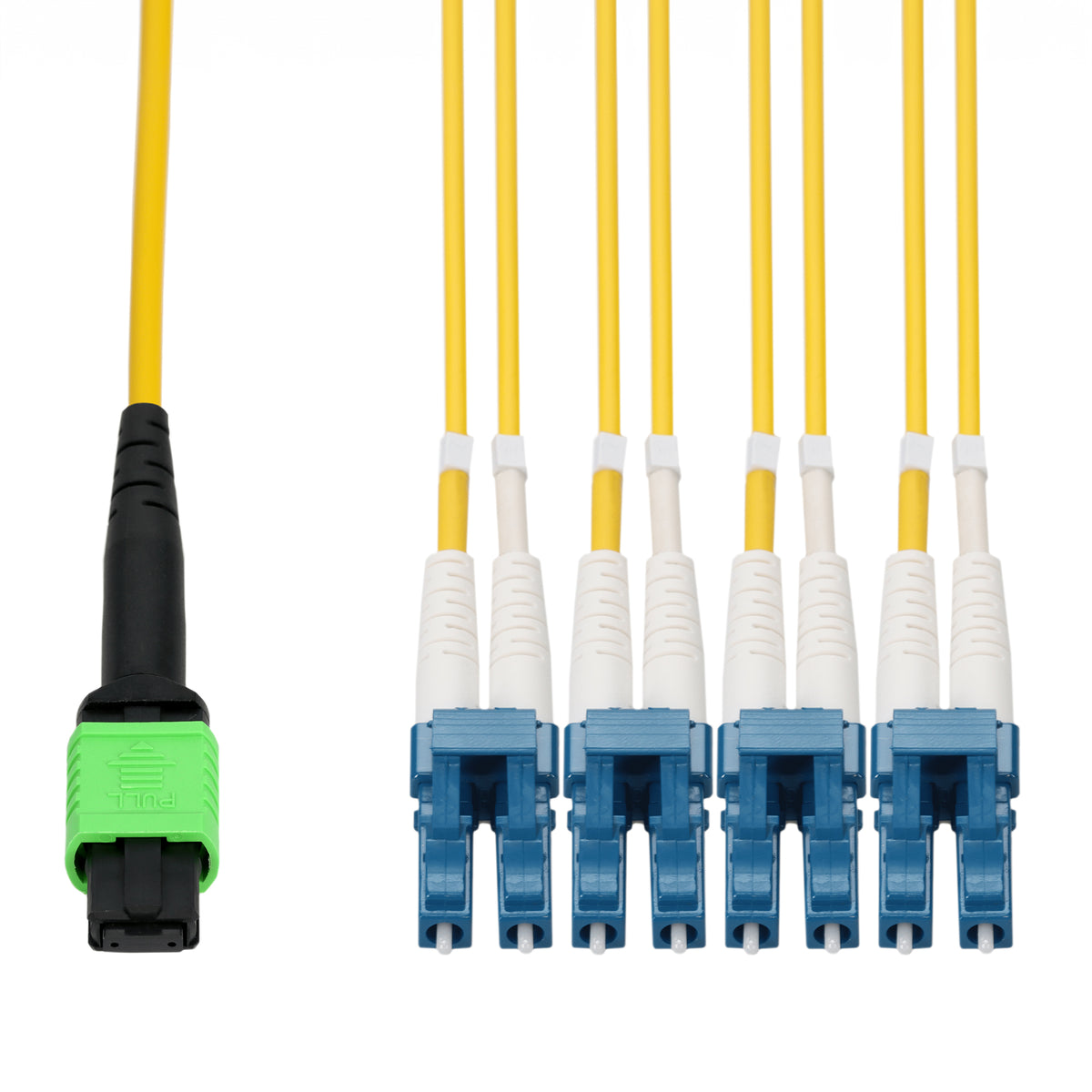  3m MPO/APC to 4xLC/UPC Duplex Yellow OS2 OFNR (Riser-Rated) 8-Strand SMF Fiber Fanout Cable