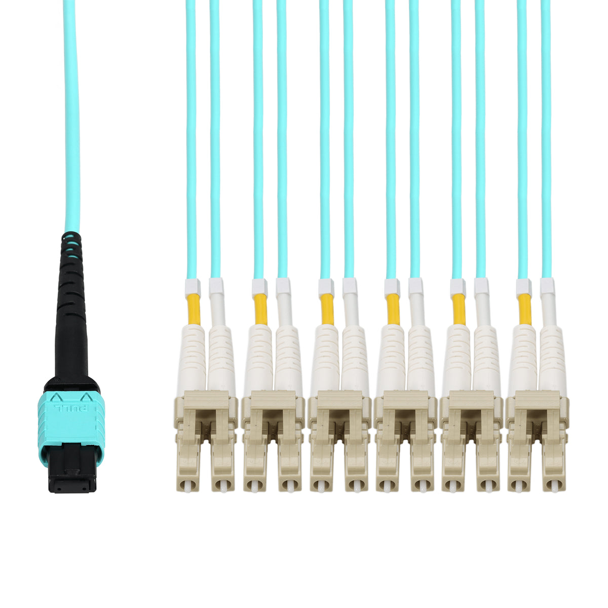  1m MPO/UPC to 6xLC/UPC Duplex Aqua OM3 OFNR (Riser-Rated) 12-Strand Fiber Fanout Cable