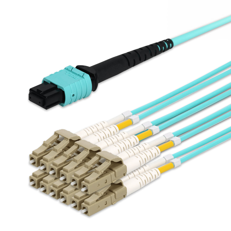  2m MPO/UPC to 6xLC/UPC Duplex Aqua OM3 OFNR (Riser-Rated) 12-Strand Fiber Fanout Cable