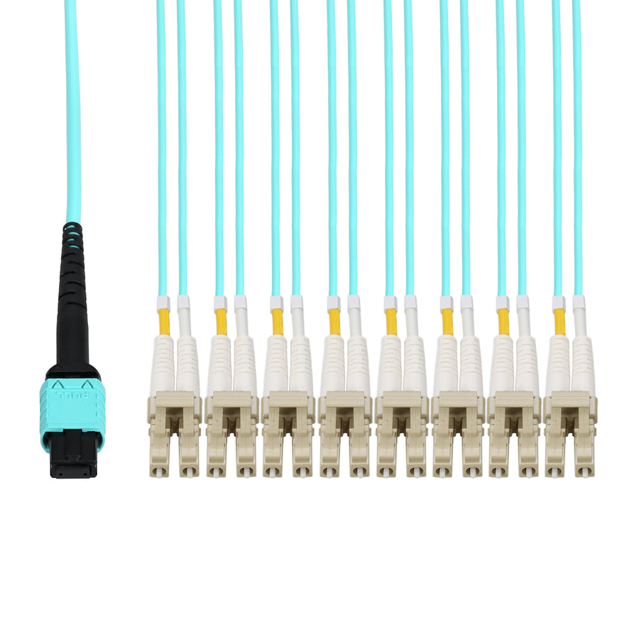 20m MPO/UPC to 4xLC Duplex (8xLC)/UPC Aqua OM4 OFNR (Riser-Rated) 8-Strand Fiber Fanout Cable