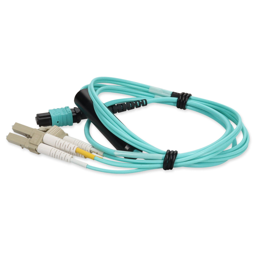  1m MPO/UPC to 2xLC Duplex (4xLC)/UPC Aqua OM4 OFNR (Riser-Rated) 4-Strand Fiber Fanout Cable